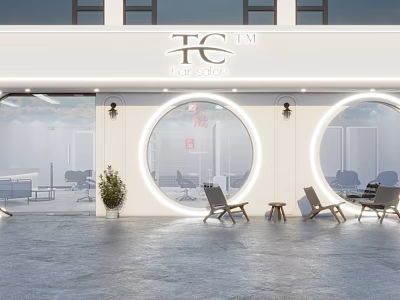 Coffee Shop Storefront With White Wall Circular Windows Neon Light Decor Outdoor Chairs And Stools 3d model