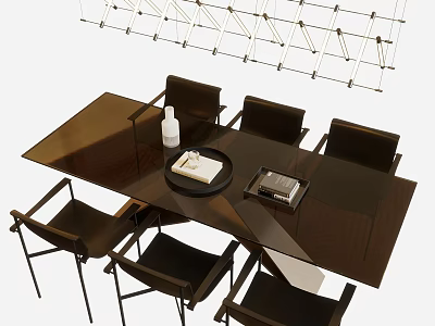 Modern Dark Brown Dining Table Set With Black Chairs Decorative Tray And Pendant Light 3d model