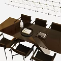 Modern Dark Brown Dining Table Set With Black Chairs Decorative Tray And Pendant Light