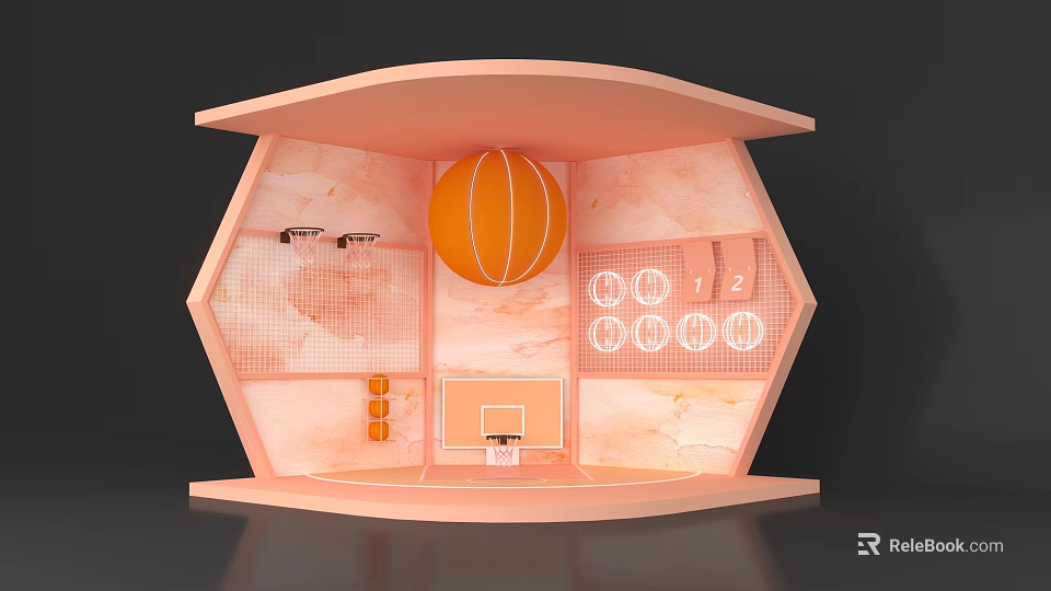 Basketball Themed Photo Spot With Pink Interior Orange Basketball And Scoreboard 3d model 