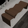 Brown Leather Bench with Unique Wave Shaped Design on Carpeted Floor and Wooden Surface
