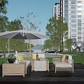 Elegant Residential Landscape With Wooden Deck Outdoor Furniture White Umbrella And Green Trees