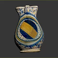 Vintage Ceramic Pitcher With Colorful Blue Yellow Patterns And Decorative Design