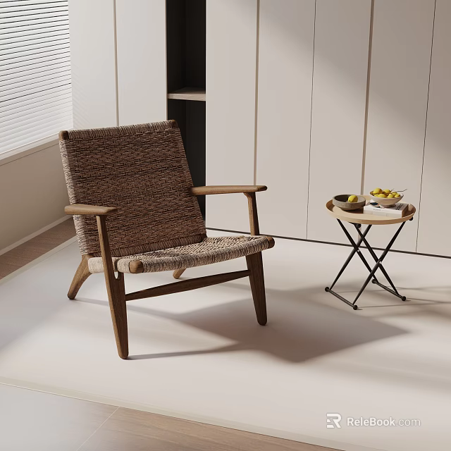Modern Woven Rattan Leisure Chair With Wooden Frame And Side Table Holding Fresh Fruits 3d model 
