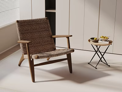 Modern Woven Rattan Leisure Chair With Wooden Frame And Side Table Holding Fresh Fruits 3d model