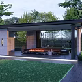 Modern Pergola With Glass Walls Stone Panels Outdoor Fireplace And Trees In Garden Lawn
