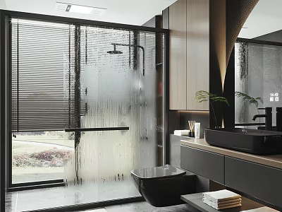 Modern Bathroom Interior Design With Glass Partition Shower Area Blinds Toilet And Vanity 3d model