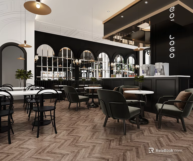 Elegant Café Interior Design With Arch Windows Wooden Tables Black Bar And Pendant Lights 3d model 
