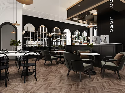 Elegant Café Interior Design With Arch Windows Wooden Tables Black Bar And Pendant Lights 3d model