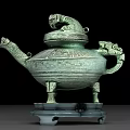 Antique Bronze Ornamental Decorative Set With Dragon Design Intricate Carvings And Three Legged Base Stand