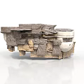 Abstract Modern Architectural Structure With Stacked Irregular Stone Blocks And White Cylinder