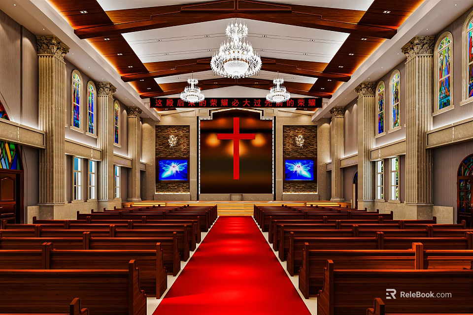 Religious Worship Church Interior With Cross Red Carpet Chandelier Wooden Pews And Stained Glass 3d model 