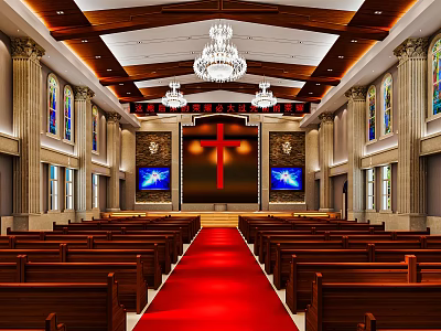 Religious Worship Church Interior With Cross Red Carpet Chandelier Wooden Pews And Stained Glass 3d model