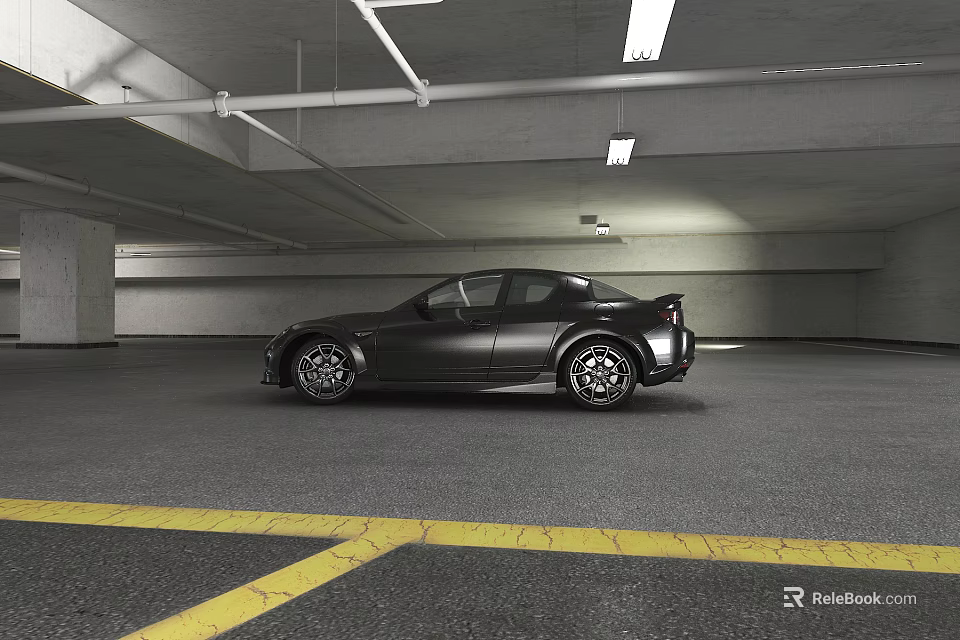 Black Car Parked In Parking Garage With Yellow Lines And Ceiling Lights 3d model 