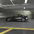 Black Car Parked In Parking Garage With Yellow Lines And Ceiling Lights