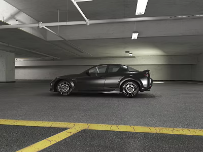 Black Car Parked In Parking Garage With Yellow Lines And Ceiling Lights 3d model