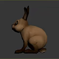 Brown Cartoon Rabbit 3D Model Sitting with Large Ears Black Eyes on Reflective Gray Background