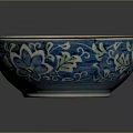 Decorative Ceramic Bowl With Blue Floral Patterns Gold Rim And White Interior