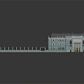 Classical Building Exterior With Cyan Facade Gray Roof Front Plaza And Lawn