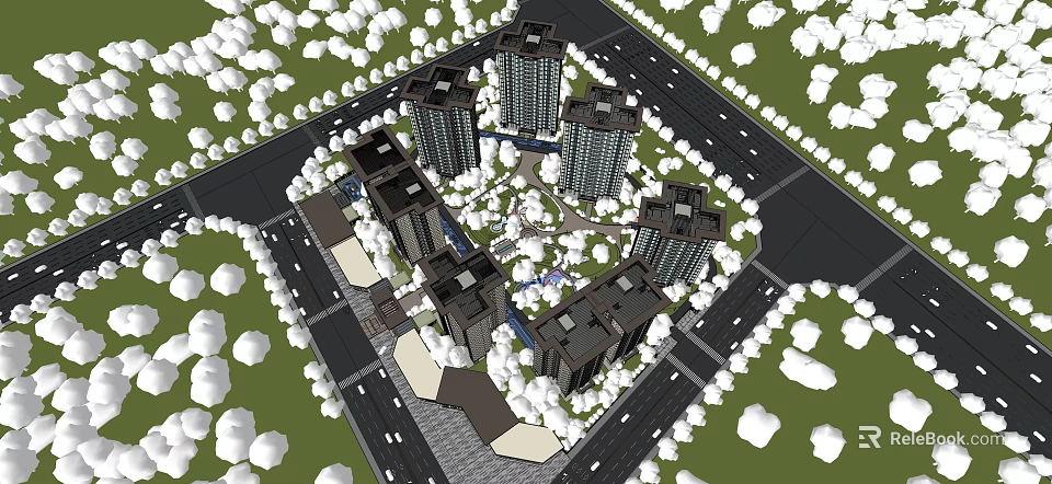 Modern Urban Residential Complex Featuring High Rise Towers Green Spaces and Roads 3d model 