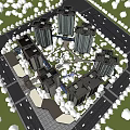 Modern Urban Residential Complex Featuring High Rise Towers Green Spaces and Roads
