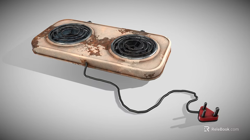 Rusty Two Burner Electric Stove With Black Heating Coils And Red Plug Power Cord 3d model 