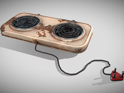 Rusty Two Burner Electric Stove With Black Heating Coils And Red Plug Power Cord 3d model