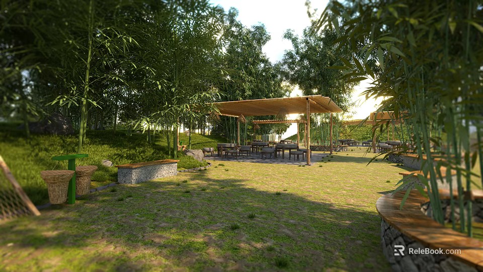 Rural Landscape With Bamboo Grove Trees Grassland Canopy And Seating Tables Chairs 3d model 
