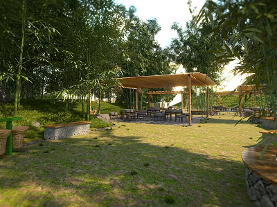 Rural Landscape With Bamboo Grove Trees Grassland Canopy And Seating Tables Chairs 3d model