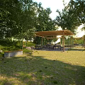 Rural Landscape With Bamboo Grove Trees Grassland Canopy And Seating Tables Chairs