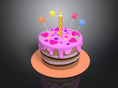 Two Layer Birthday Cake With Pink Dripping Frosting Lit Candle Colorful Stars And Heart Decorations 3d model