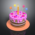 Two Layer Birthday Cake With Pink Dripping Frosting Lit Candle Colorful Stars And Heart Decorations