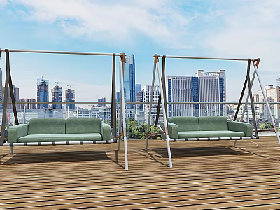 Green Cushioned Outdoor Swing Chairs On Wooden Deck With City Skyline Background 3d model