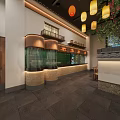 Traditional Chinese Restaurant Interior Design With Hanging Lanterns Decorative Tree Open Counter And Fruit Displays