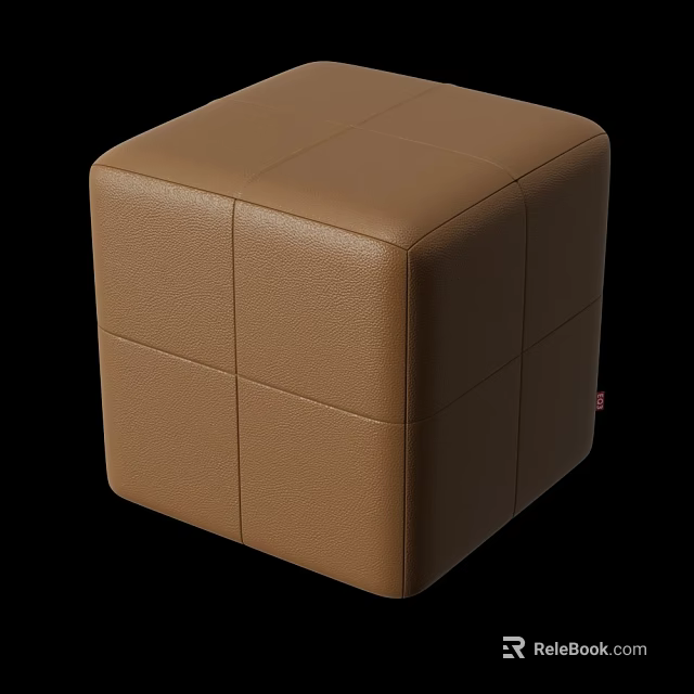 Brown Leather Cube Ottoman With Stitched Details Modern Living Room Furniture 3d model 