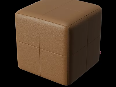 Brown Leather Cube Ottoman With Stitched Details Modern Living Room Furniture 3d model