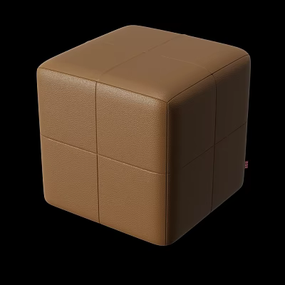 Brown Leather Cube Ottoman With Stitched Details Modern Living Room Furniture 3d model