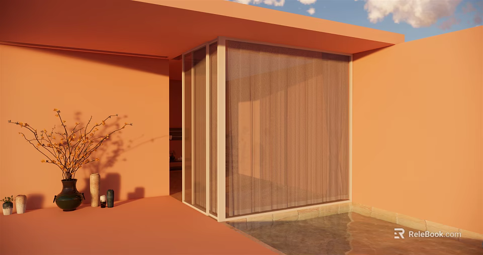 Modern Courtyard Garden Landscape With Orange Building Transparent Screen And Water Pool 3d model 