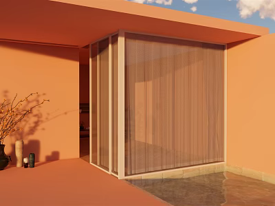 Modern Courtyard Garden Landscape With Orange Building Transparent Screen And Water Pool 3d model