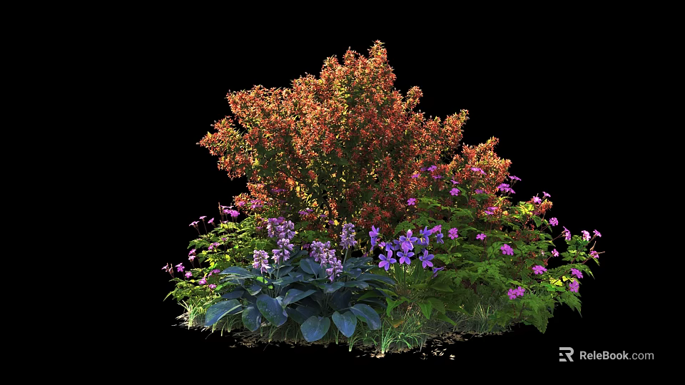 Vibrant Orange Red Shrub With Purple Flowers And Green Leaves In Garden 3d model 