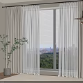 Beige Curtains With Sheer Layers And City Green Landscape Through Window Indoor Plant Pendant Light