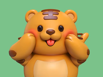 Cute 3D Cartoon Tiger Character Smiling With Hands On Cheeks And Green Background 3d model