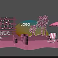 Pink Summer Photo Check in Spot With Fence Palm Trees Umbrella And Deck Chairs