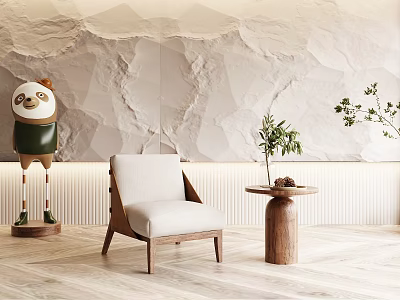 Single Sofa with Light Gray Cushion Wooden Frame and Textured Beige Wall Side Table Plants 3d model