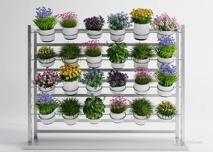 Various Colored Flowers And Green Plants In White Vases On Multi Tiered Shelf 3d model 