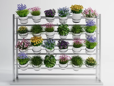 Various Colored Flowers And Green Plants In White Vases On Multi Tiered Shelf 3d model