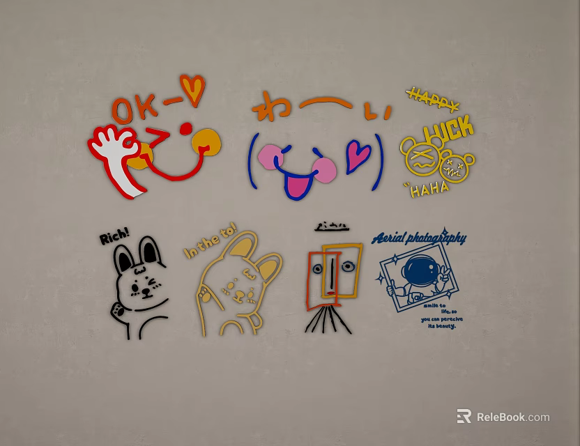 Cute Cartoon Wall Decor Featuring Smiley Faces Good Luck Text Rabbit Motifs and Camera Designs 3d model 