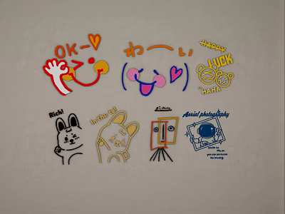 Cute Cartoon Wall Decor Featuring Smiley Faces Good Luck Text Rabbit Motifs and Camera Designs 3d model