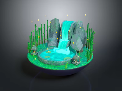 Scenic Miniature Landscape With Small Waterfall Rocks Bamboo Huts And Glowing Pond 3d model