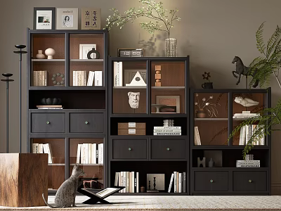 Stylish Modern Bookcase with Multiple Shelves Drawers Books Decorative Items and Green Plants 3d model